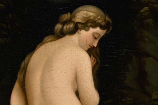 A cropped detail from a classical painting showing a naked feminine figure with their back towards the viewer and face looking downwards. Their right hand can be seen running through their hair.
